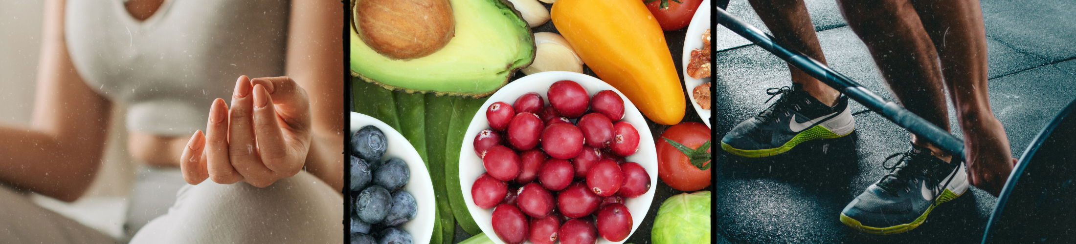 Image with person liftin a barbell, fruit and vegetables, and person meditating.